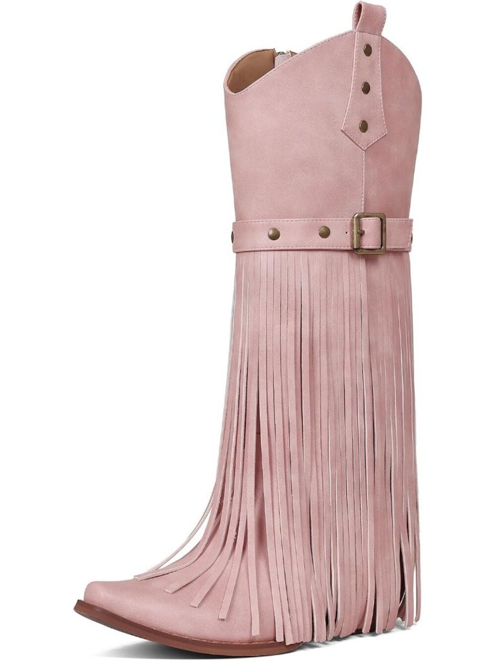 Women's All Pink Pointed Toe Pull On Block Chunky Heel Embroider Cowgirl Boot